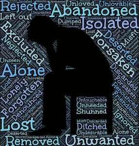 Silhouette surrounded by words describing loneliness, rejection, and feeling unloved