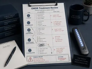 EMDR treatment review checklist beside a light bar
