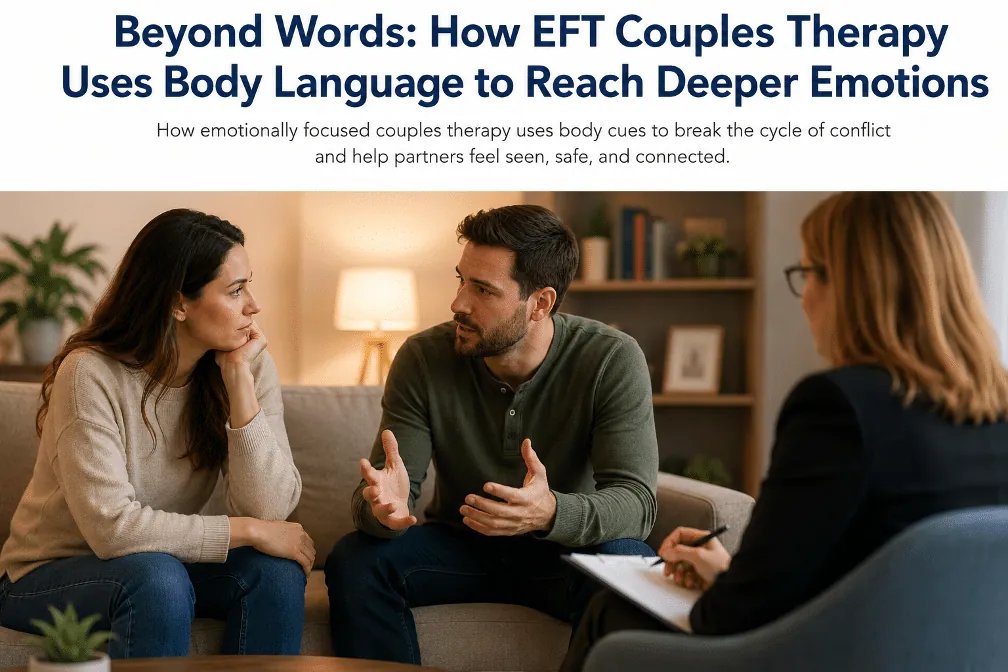Couple discussing difficult emotions with a therapist during an emotionally focused couples therapy session