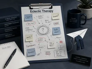 Clipboard with an eclectic therapy mind map illustrating treatment without a clear plan