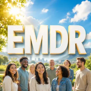 EMDR lettering above a group of people in sunlight
