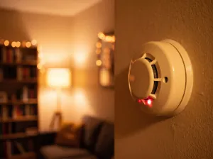 Smoke alarm in a home, illustrating an attachment alarm response