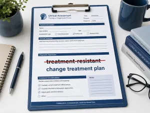 Assessment clipboard replacing treatment-resistant with a change treatment plan
