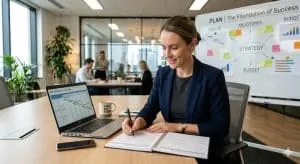 Woman planning and writing down next steps