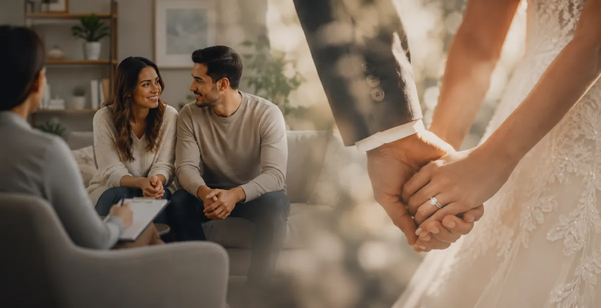 Couple in a premarital counseling session beside a close-up of joined hands
