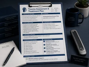 Trauma assessment and treatment plan on a clipboard