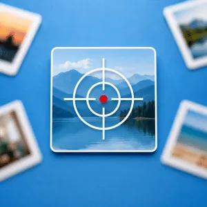Target graphic surrounded by photographs, illustrating an EMDR target memory