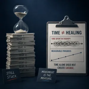 Hourglass, books, and a clipboard comparing time alone with measurable progress in therapy
