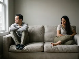 Couple sitting apart on a sofa during relationship conflict