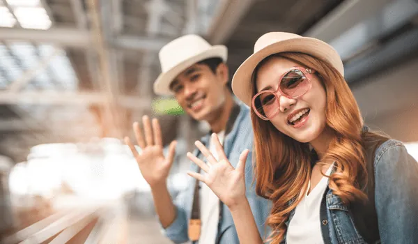 Couple smiling together on a getaway