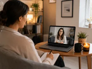 Client speaking with a therapist by video during a telehealth session